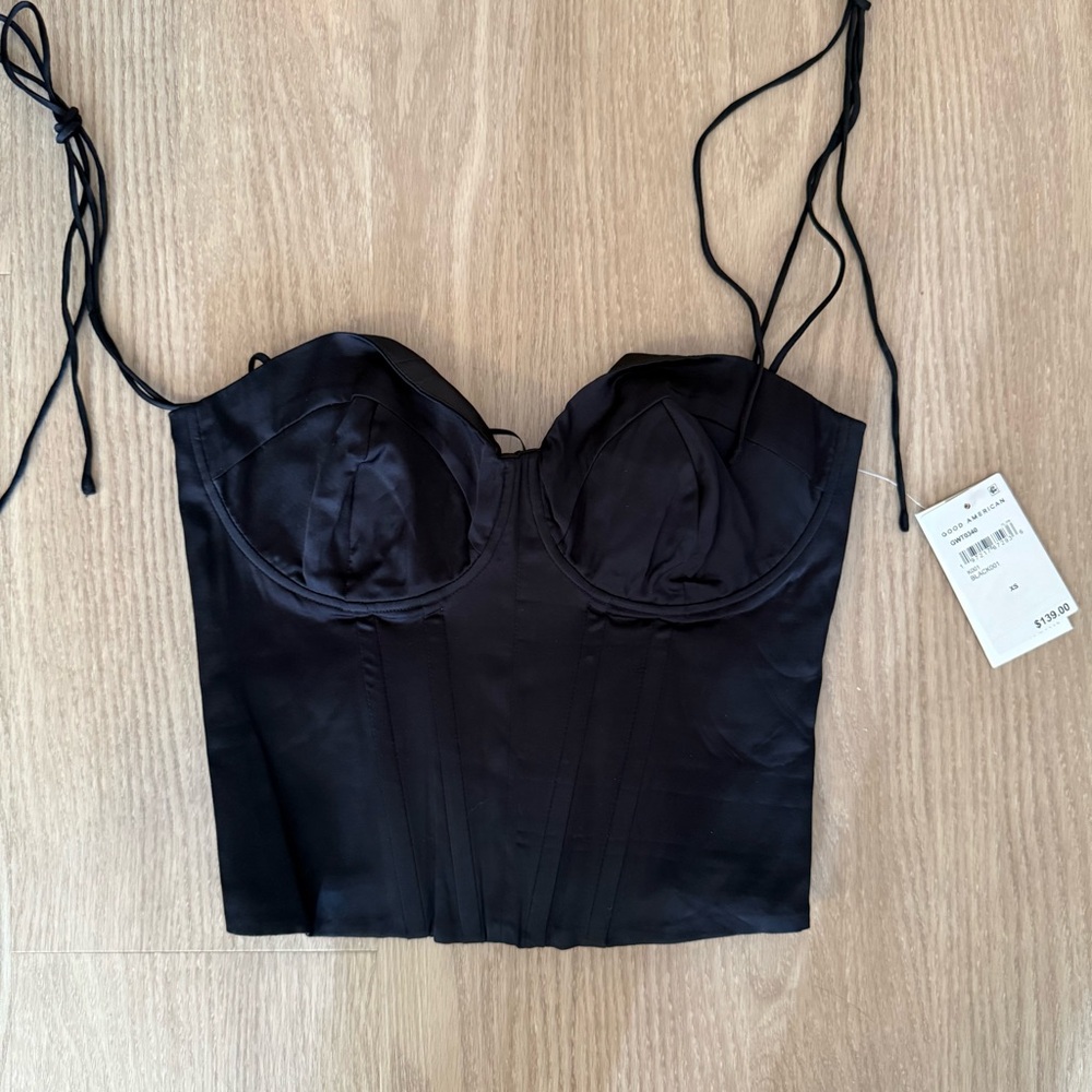 Good American Black Satin Bustier Crop Top